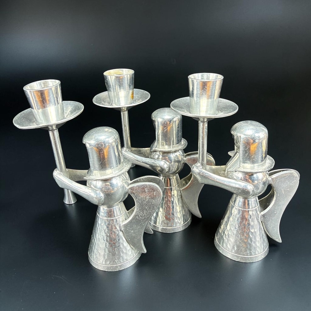 EFTE Indonesia Banka Tin Angel Candle Holder Set 3 Hammered Handmade Silver Tone